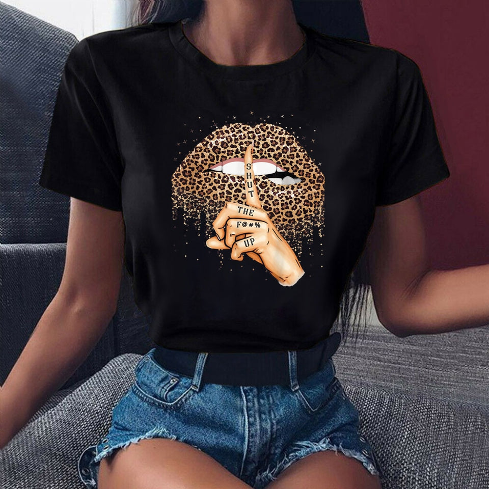 ZOGANKIN Summer Fashion Shirt Lips Leopard Graphic T Shirt Women Tops Base O-neckBlack Tees Kiss Leopard Lip Funny Girls Tshirt