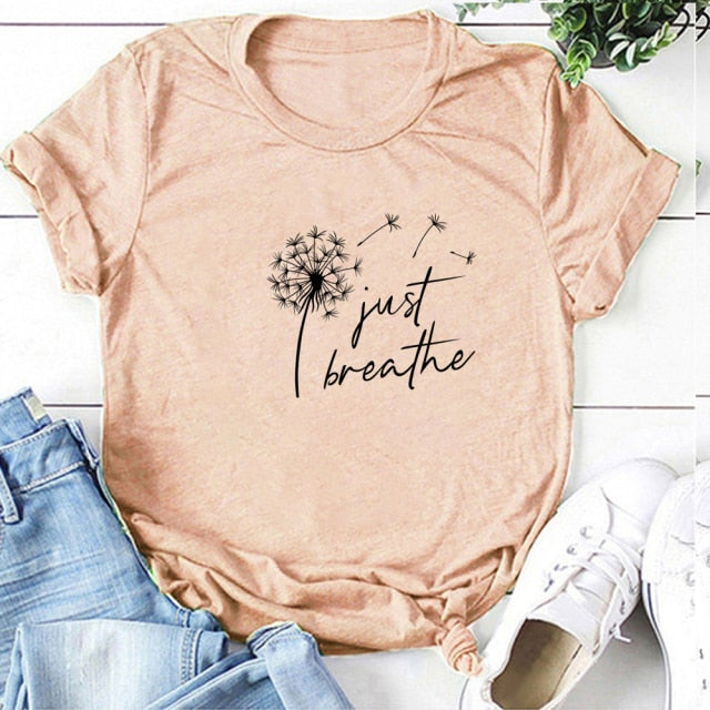 Dandelion Just Breathe Printed T-shirts Women Summer Shirts for Women Sleeve