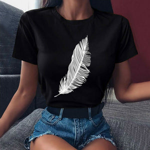 2021 Women Casual Harajuku Fashion T-shirt Feather Print Loose O-neck Short Sleeve Elastic Stretched Summer Home New Tee Shirt