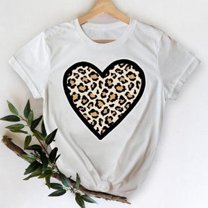 T-shirts Women 2021 Leopard Heart Casual 90s Fashion Trend Printing Clothes Graphic Tshirt Top Lady Print Female Tee T-Shirt