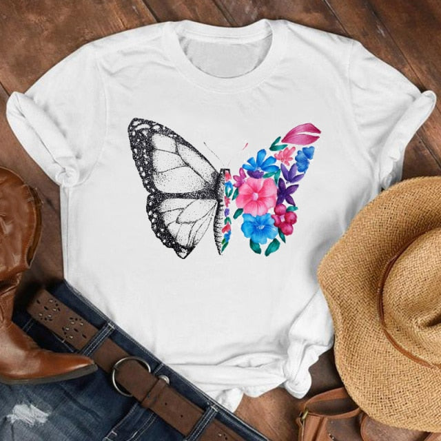 Women Lady Cartoon Butterfly Floral Elegant 2020 Fall Autumn Shirt Clothes Tshirt Tee Womens Top Female Print T Graphic T-shirt