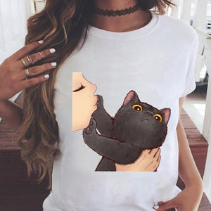 Women Graphic Printing Fashion Cat Animal 90s Clothing Short Sleeve Cartoon Summer Print Female Clothes Tops Tees Tshirt T-Shirt